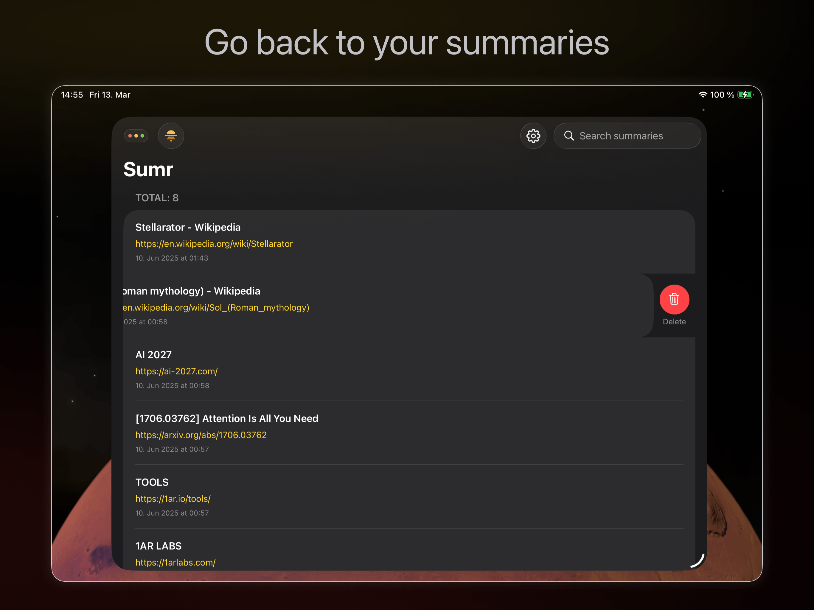 Summaries list on iPad