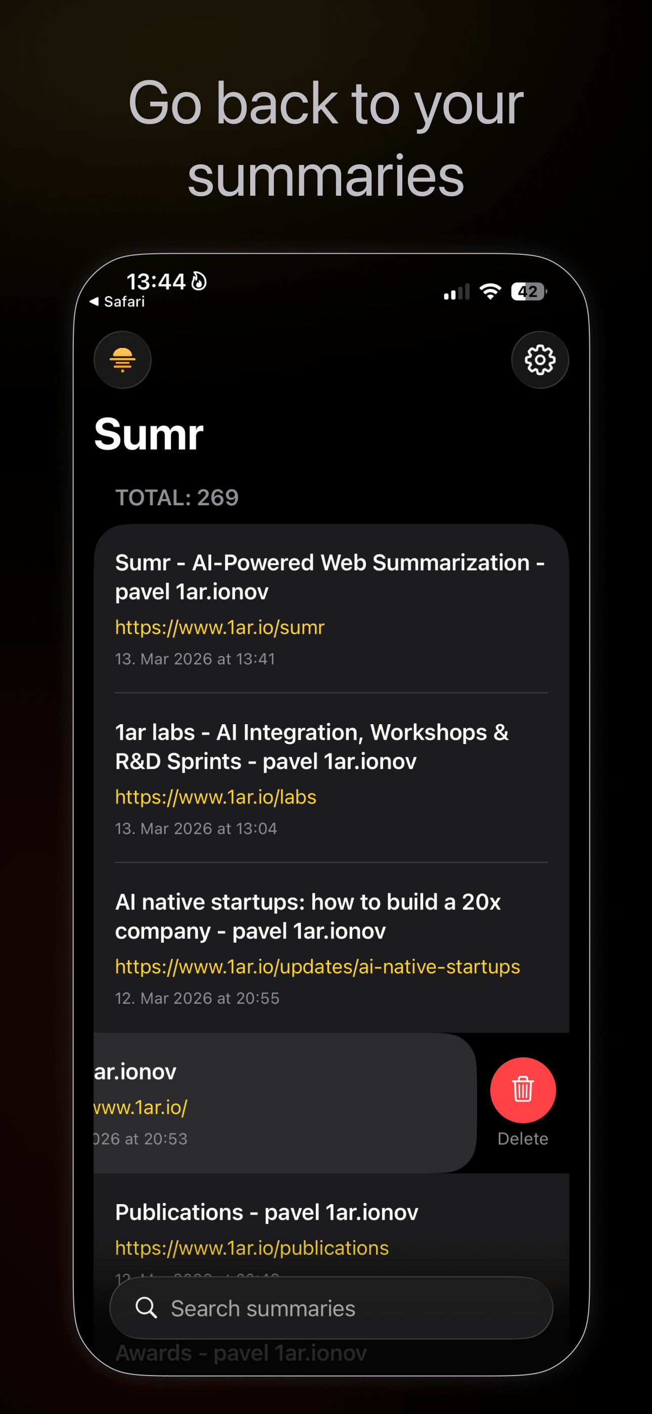 Saved summaries list