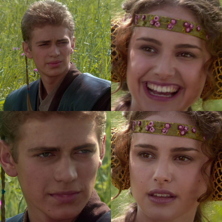 Four stills of Anakin Skywalker and Padme Amidala in a meadow: two smiling, then two looking uneasy.