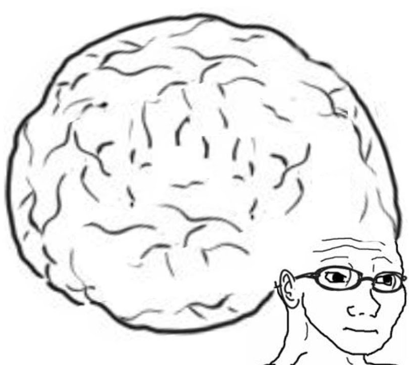 Black-and-white drawing of a man with glasses whose brain balloons into a huge wrinkled sphere.