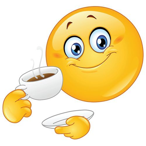 Cartoon yellow smiley face winking while holding a steaming white coffee cup and a saucer.