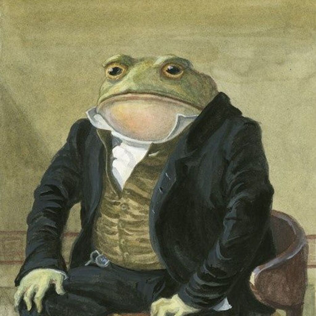 Painting of a green toad in a black tailcoat, striped waistcoat, and white cravat, seated like a 19th-century gentleman.