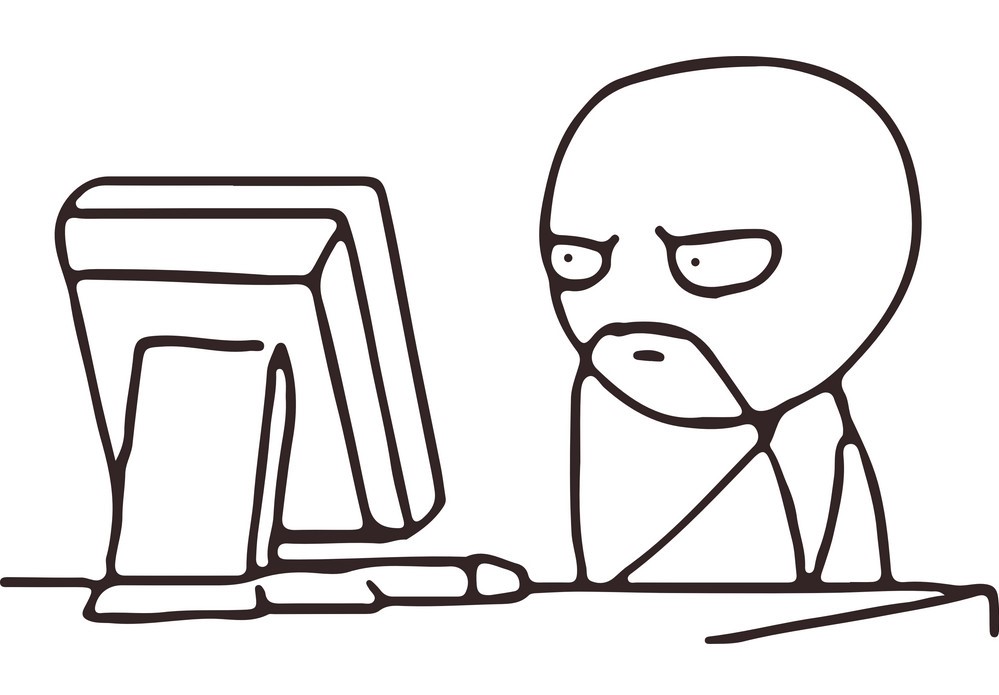 Simple line drawing of a bald man with a goatee sitting at a desktop computer, hand on his chin, looking skeptical.