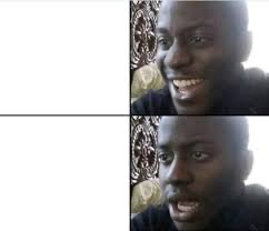 Two-panel template of a Black man smiling then frowning, with empty white space on the left for captions.
