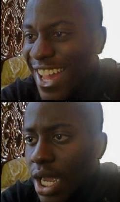 Two stacked photos of a Black man: top panel grinning, bottom panel frowning in disappointment.