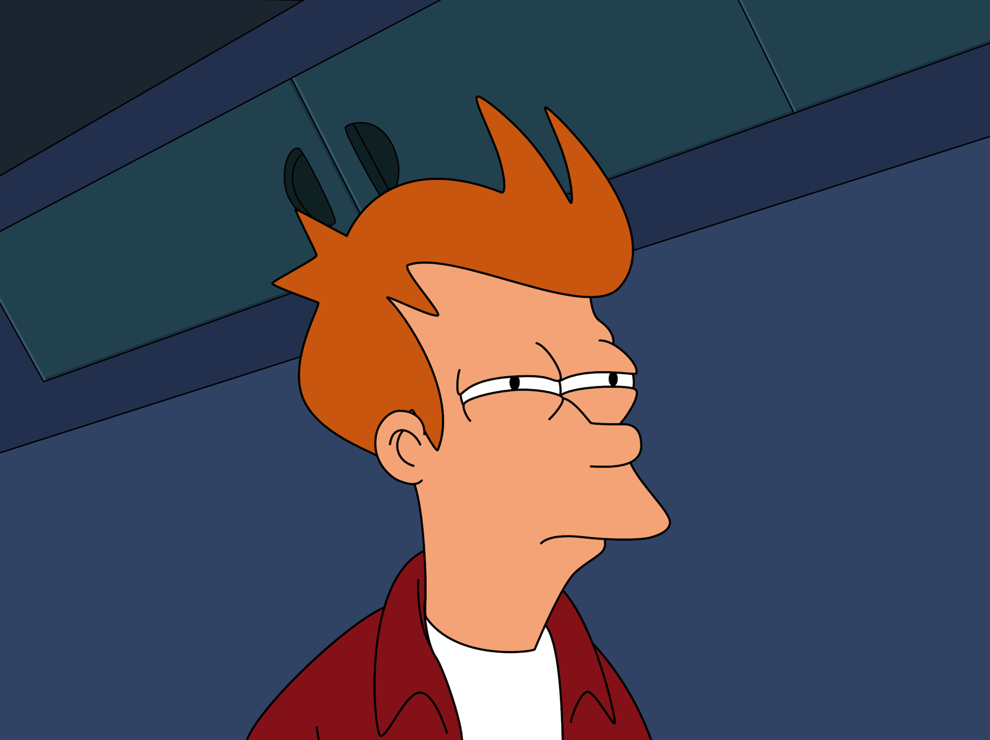 Futurama character Philip J. Fry in a red jacket, squinting suspiciously to the side.