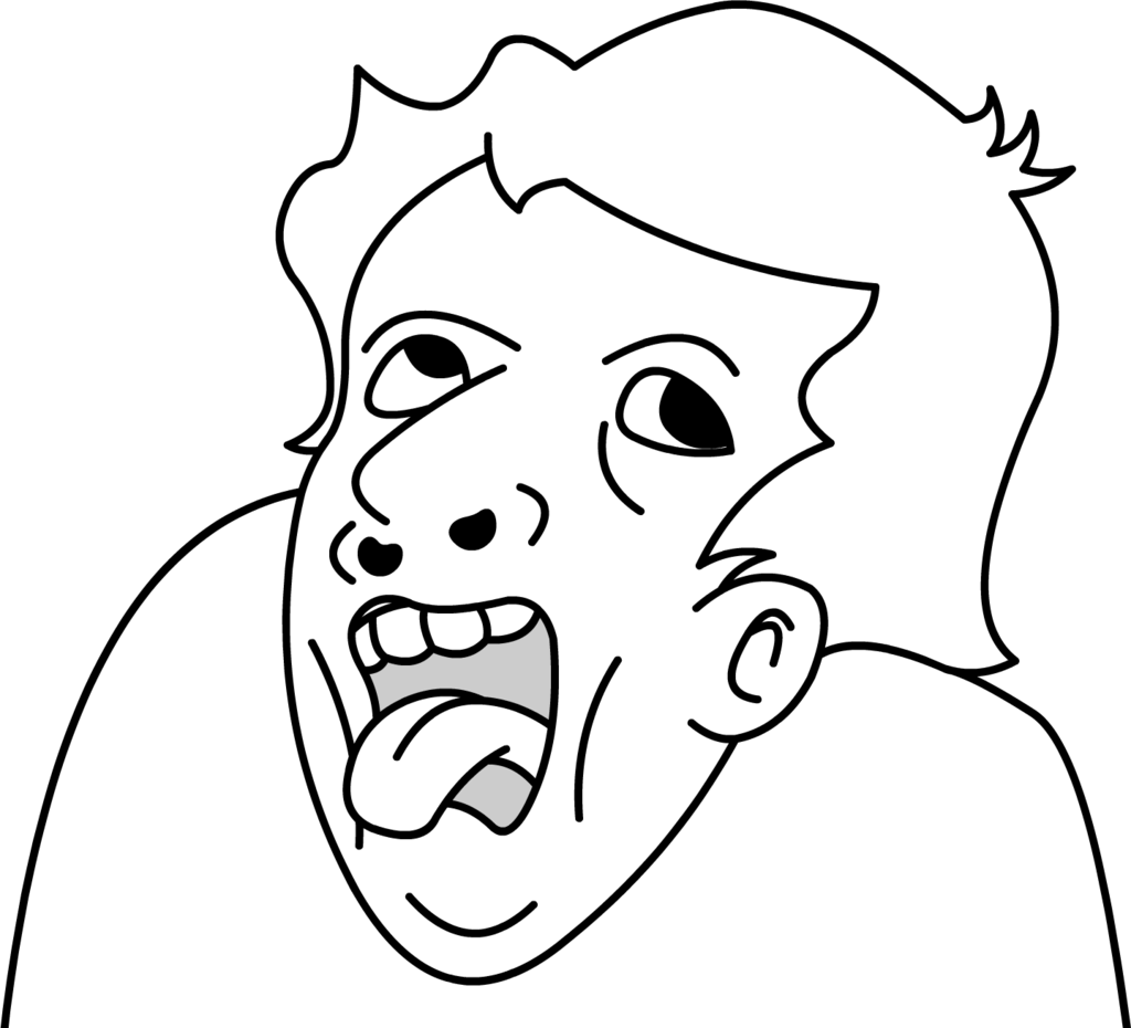 High-contrast line drawing of a face with rolled eyes, open mouth, and tongue hanging out.