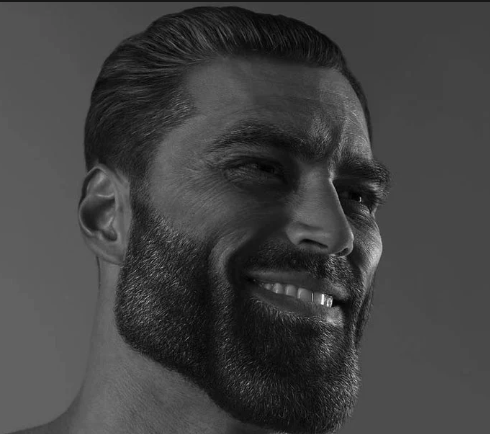 Black-and-white portrait of a bearded man with a strong jaw and slicked hair, smiling slightly, the Gigachad face.