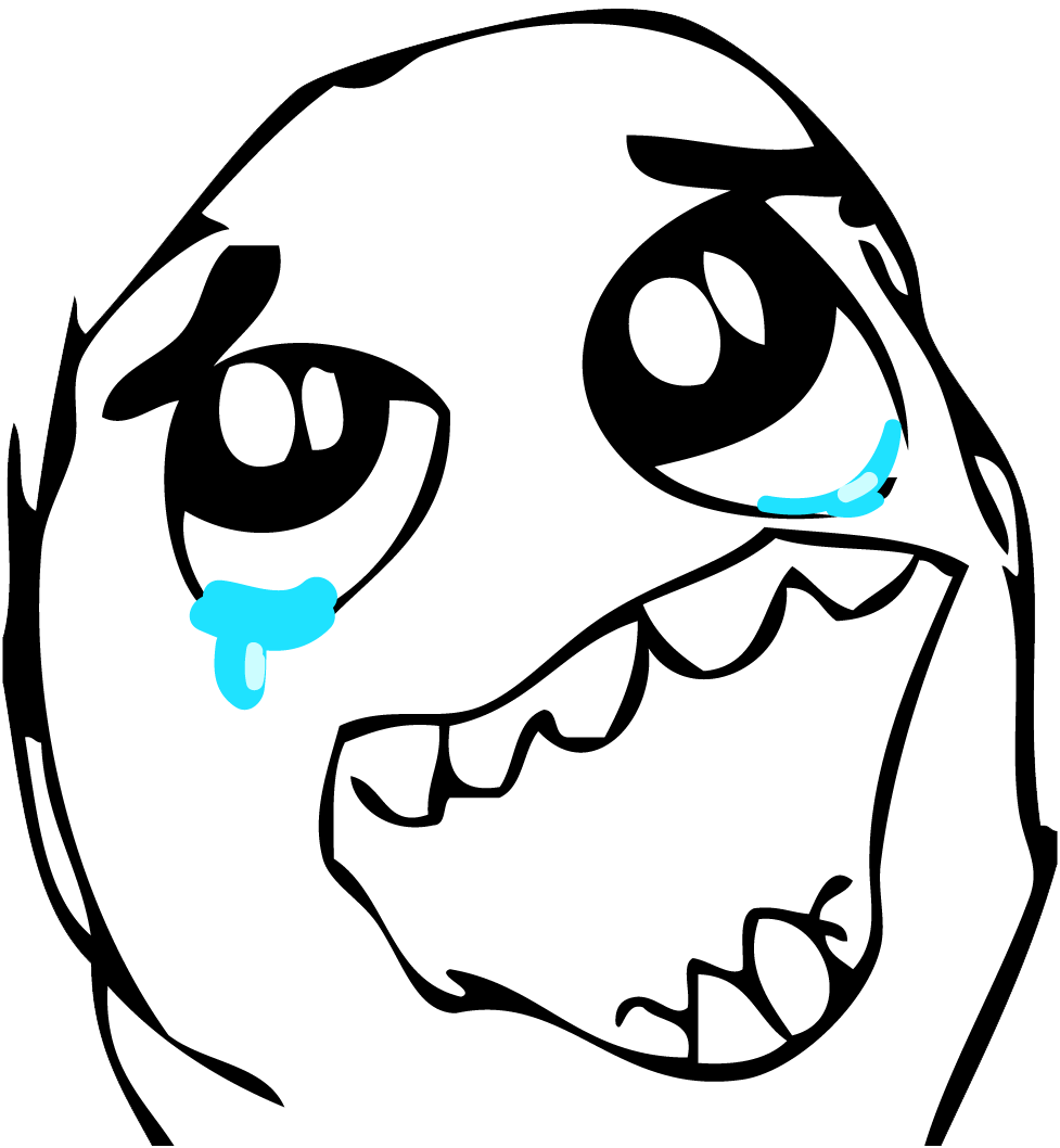 Black-and-white cartoon face with a huge grin, wide eyes, and bright blue tears.