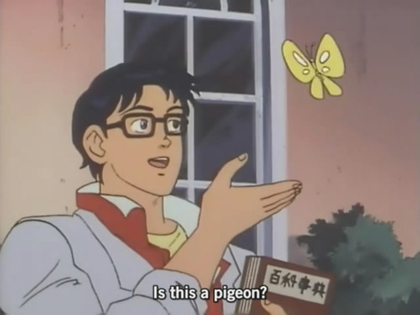Anime still of a man in glasses holding a book, gesturing at a yellow butterfly, subtitled Is this a pigeon?
