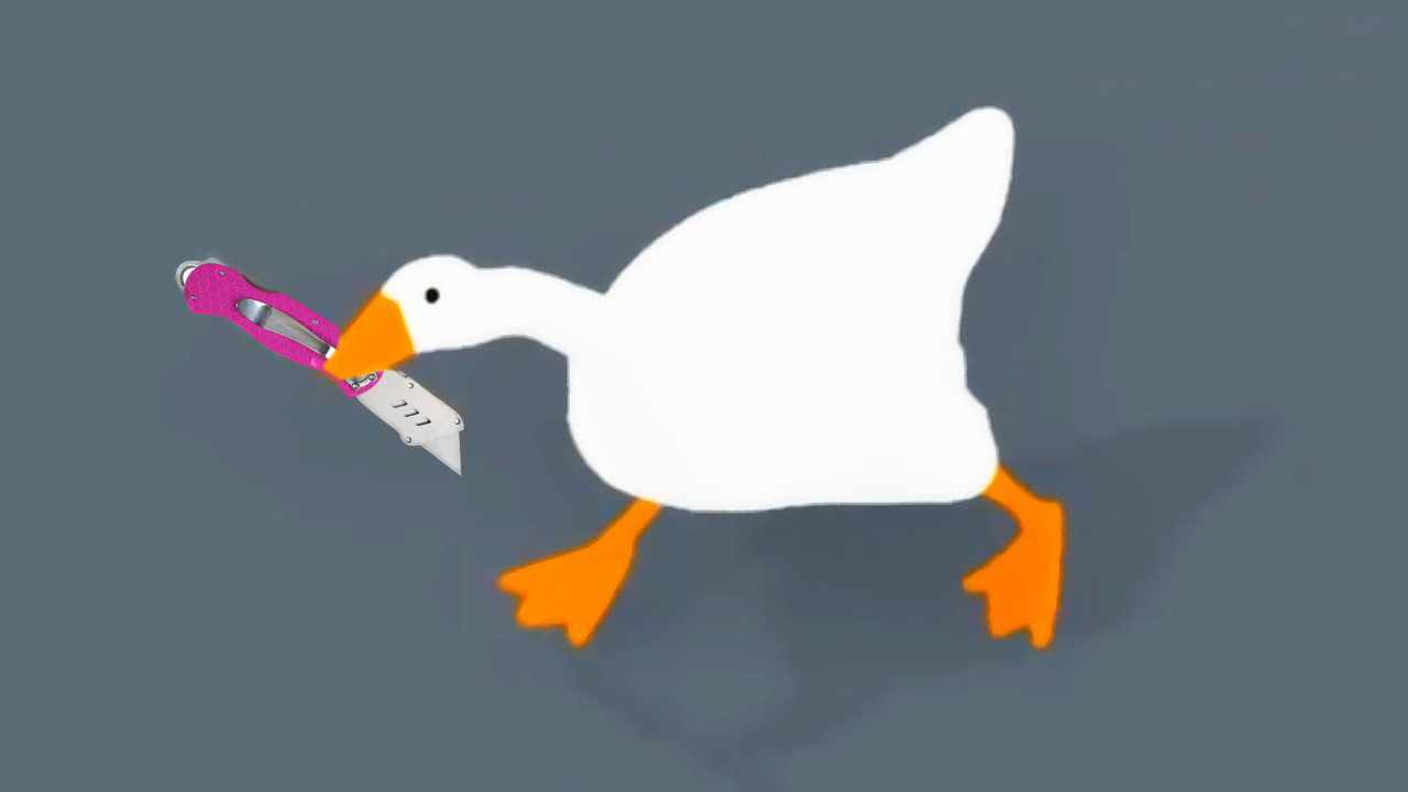 White cartoon goose on a grey background holding an open pink folding knife in its beak.