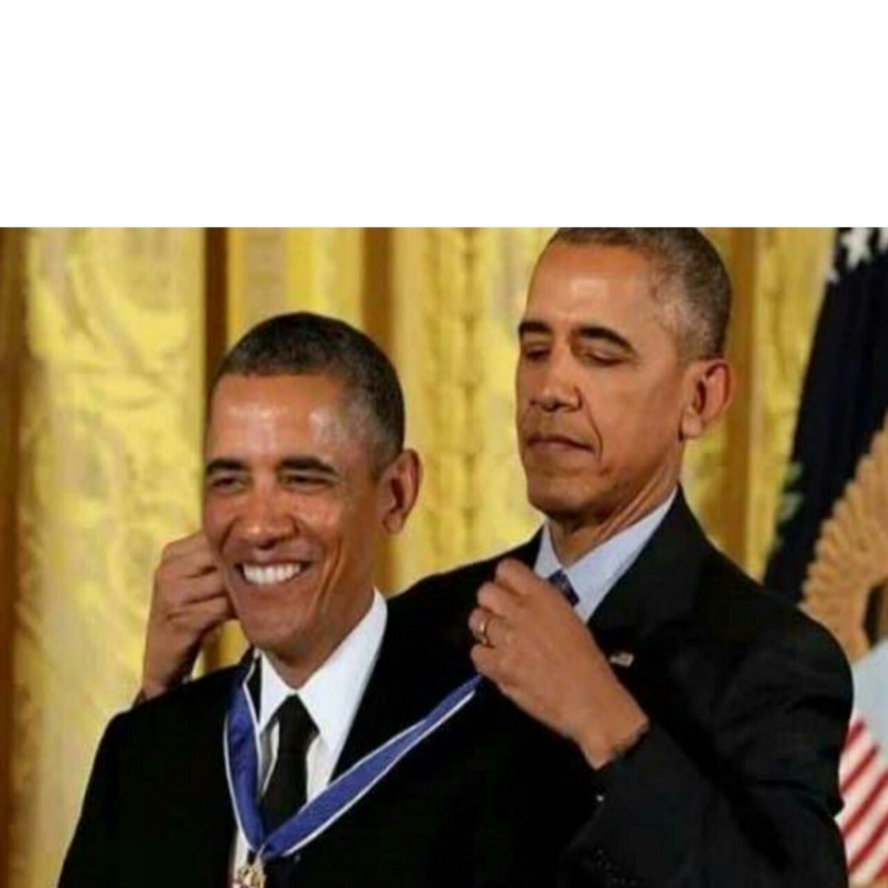 Photomontage of Barack Obama placing a medal around the neck of another Barack Obama, who is smiling.