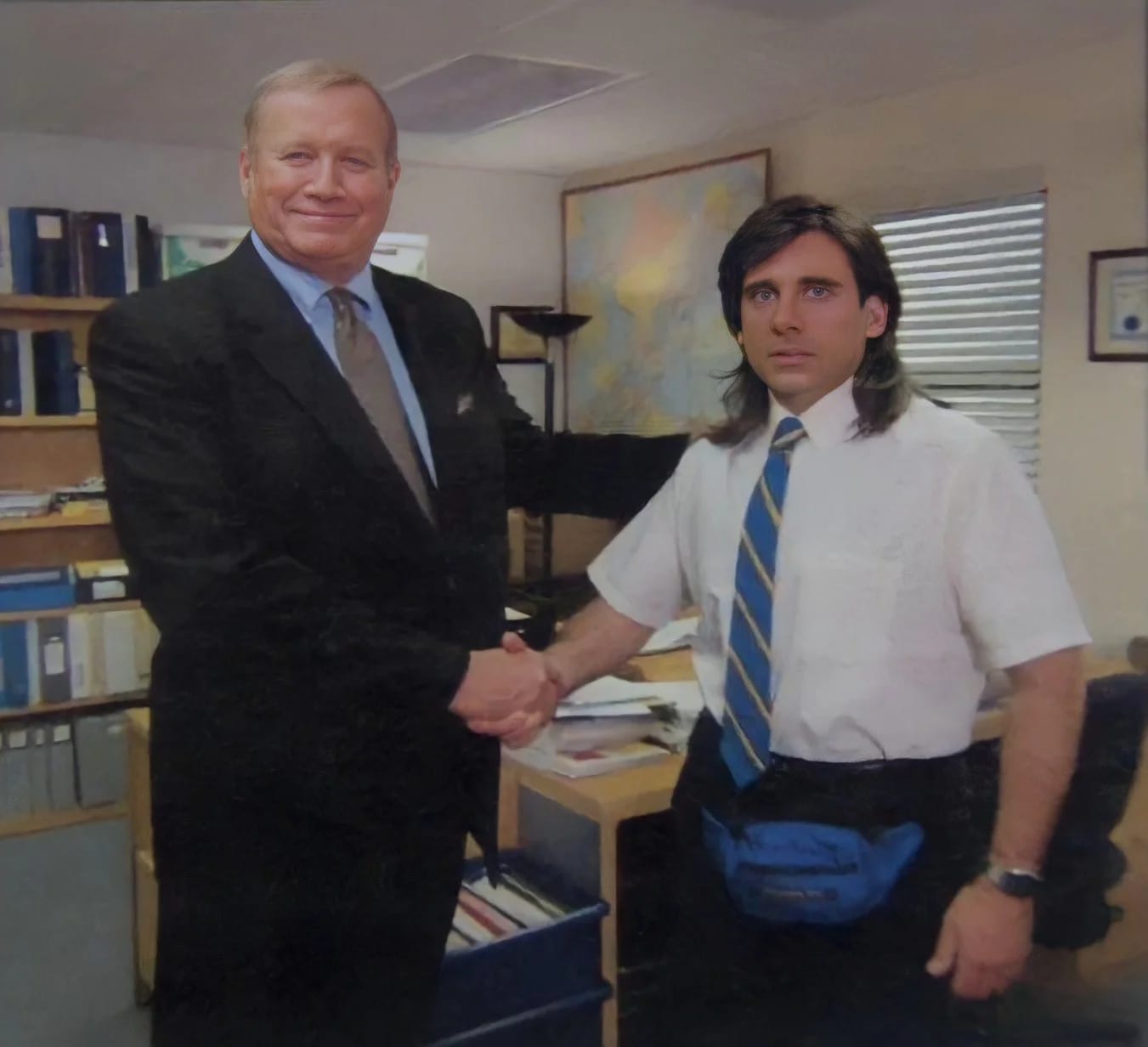 Steve Carell as Michael Scott with long hair, short sleeves, striped tie, and a blue fanny pack, shaking hands with a smiling man in a black suit.