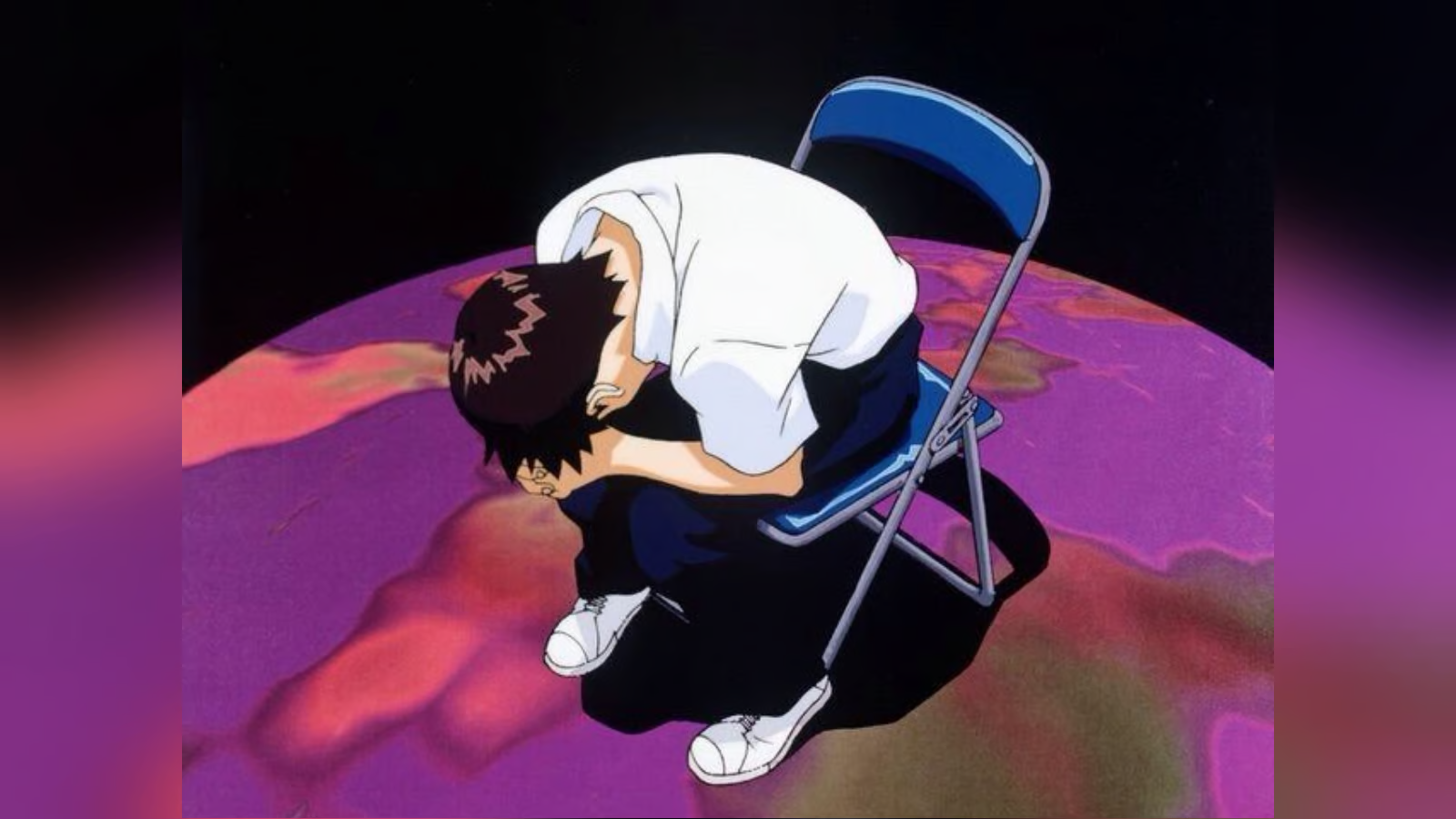 Neon Genesis Evangelion still of Shinji Ikari in a white shirt, hugging his knees on a blue folding chair, Earth below, space above.