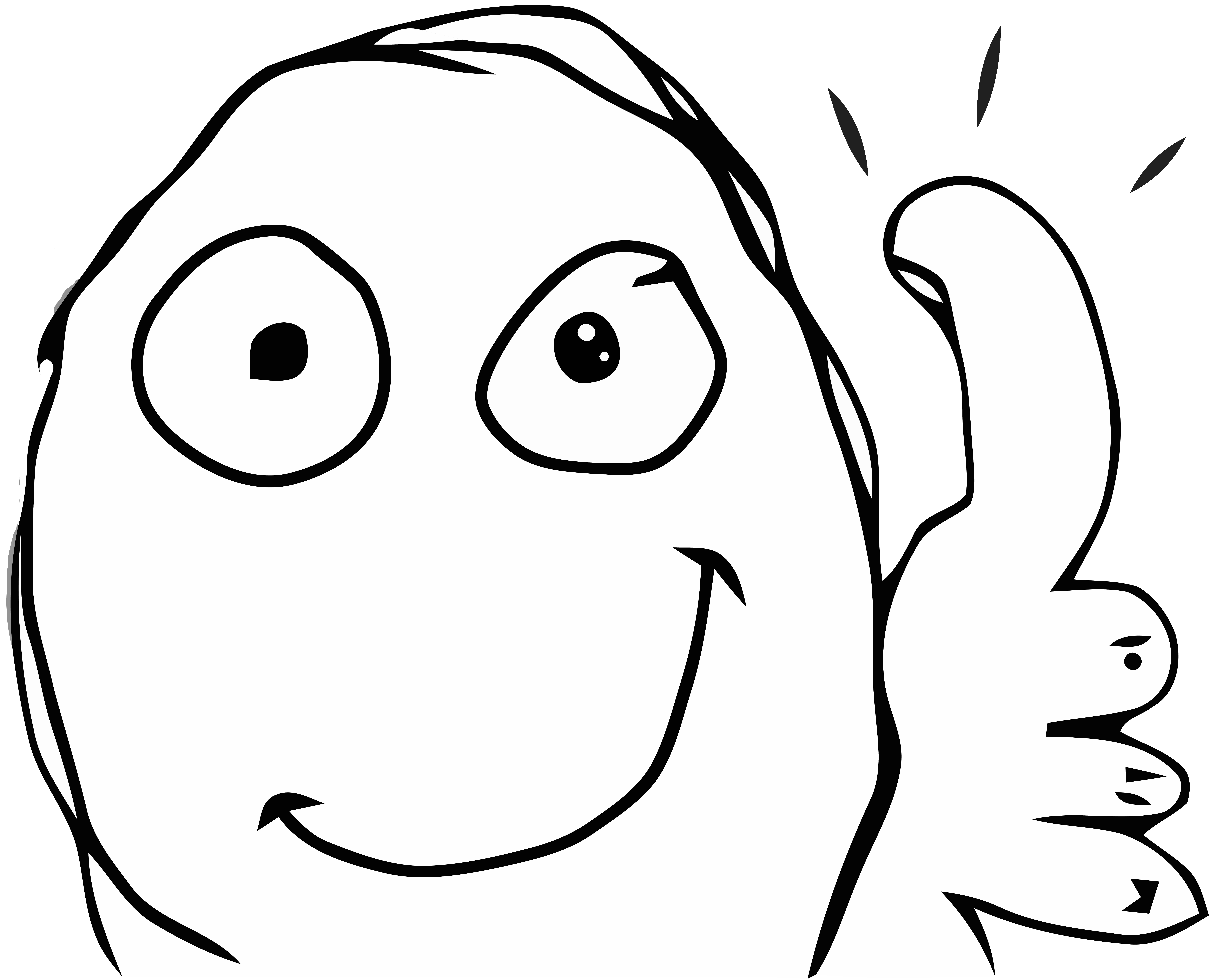 Black-and-white cartoon face with a wide smile, round eyes, and a thumbs-up hand.