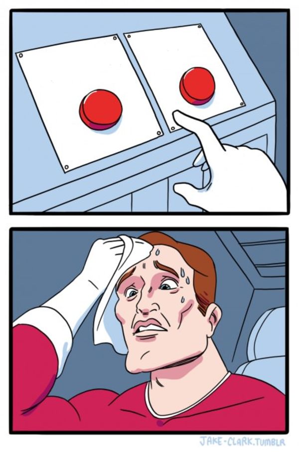 Two-panel comic: a hand hovering between two red buttons, then a sweating man in a red shirt wiping his forehead.