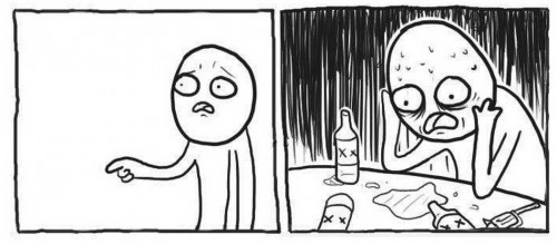 Two-panel comic: a stick figure pointing, then a sweating wrecked figure at a table with empty bottles.