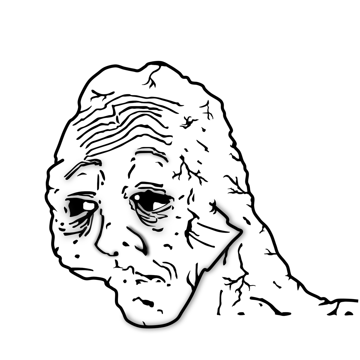 High-contrast line drawing of a deeply wrinkled face looking aside with tired, obedient eyes.