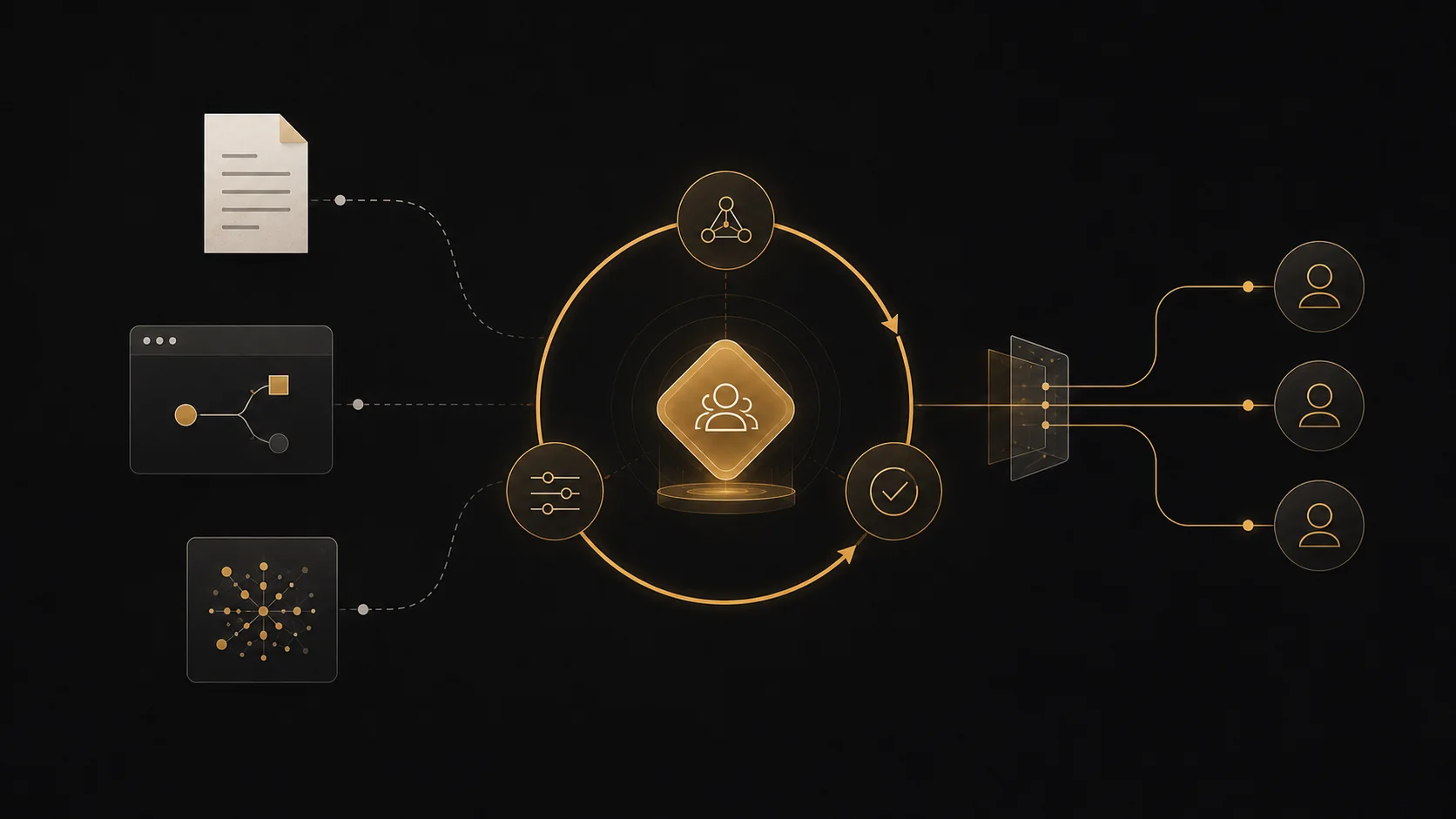 Business documents, software tools, and connected knowledge entering a human-controlled AI workflow and becoming systems the team can use